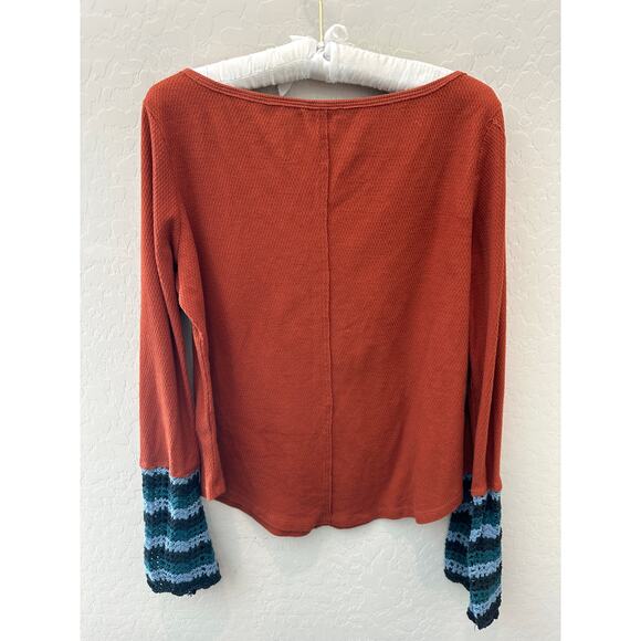 ANTHROPOLOGIE Orange Waffle Knit Long Sleeve Top Flare Crochet Cuff Boho Medium - Picture 5 of 8